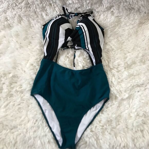 Cupshe one piece bathing suit NWT teal black and white size Small - Picture 1 of 8